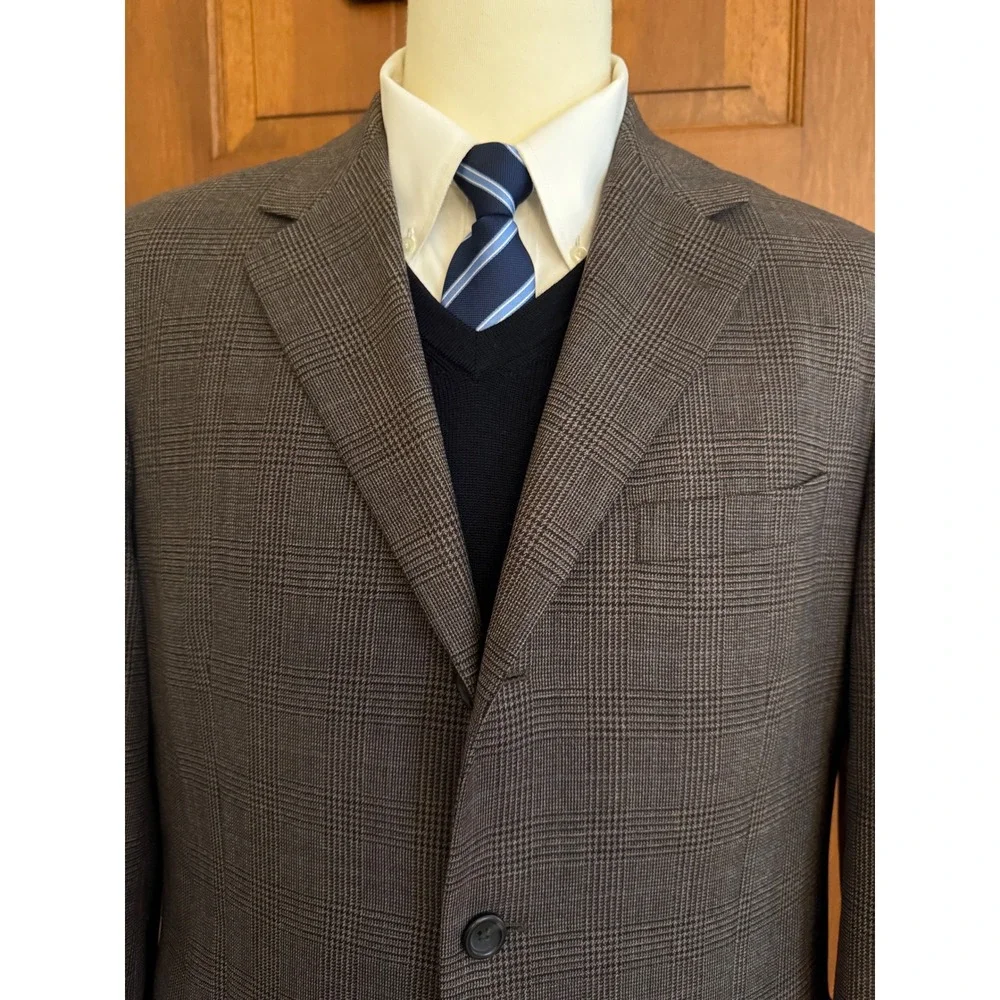 Linea Uomo Glen Check Sport Coat Mens 42R Brown Wool Three-Button‎ Blazer Jacket